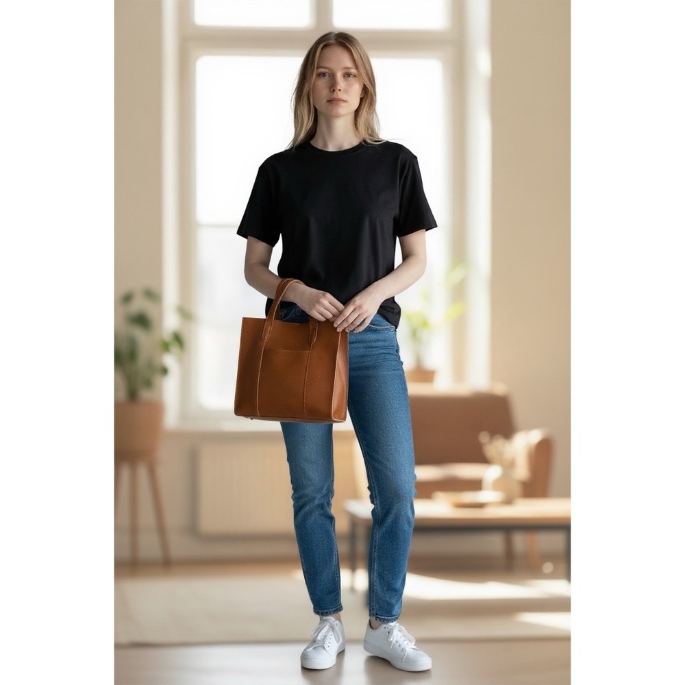 S-Zone Cow Split Leather Handbag Brown Size Medium